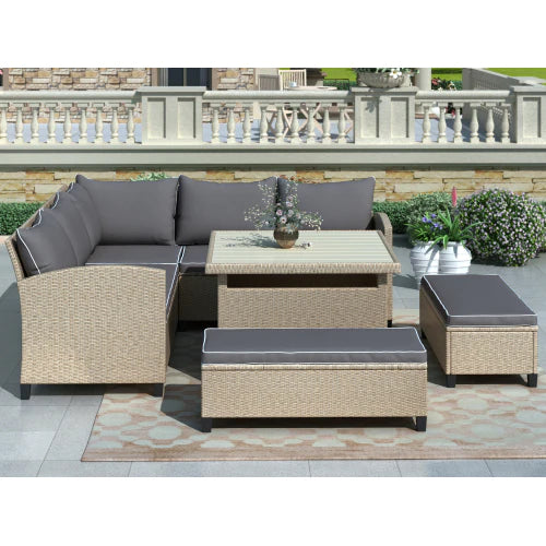 GFD Home - 6-Piece Patio Furniture Set Outdoor Wicker Rattan Sectional Sofa with Table and Benches for Backyard, Garden, Poolside in Brown - Furniture Life