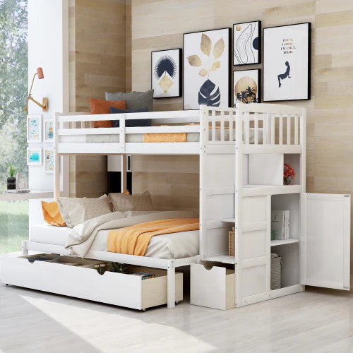 GFD Home - Twin Over Full-Twin Bunk Bed, Convertible Bottom Bed, Storage Shelves and Drawers in White - Furniture Life