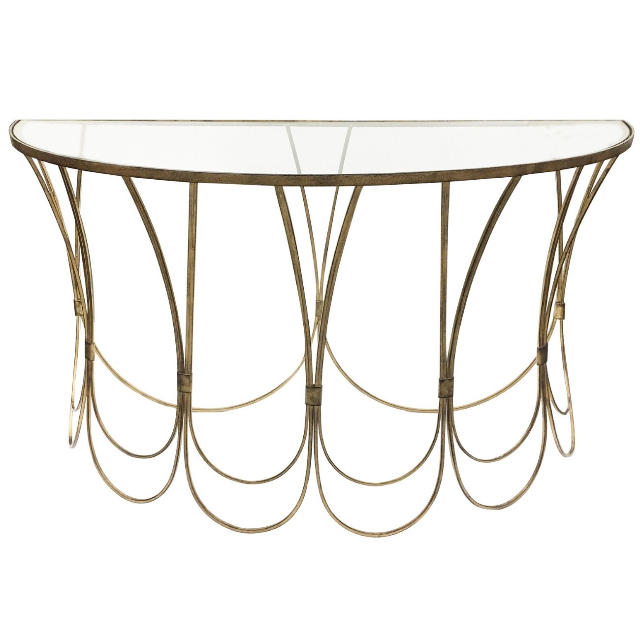 Deco Champagne Iron Console Table with Scallop Detail