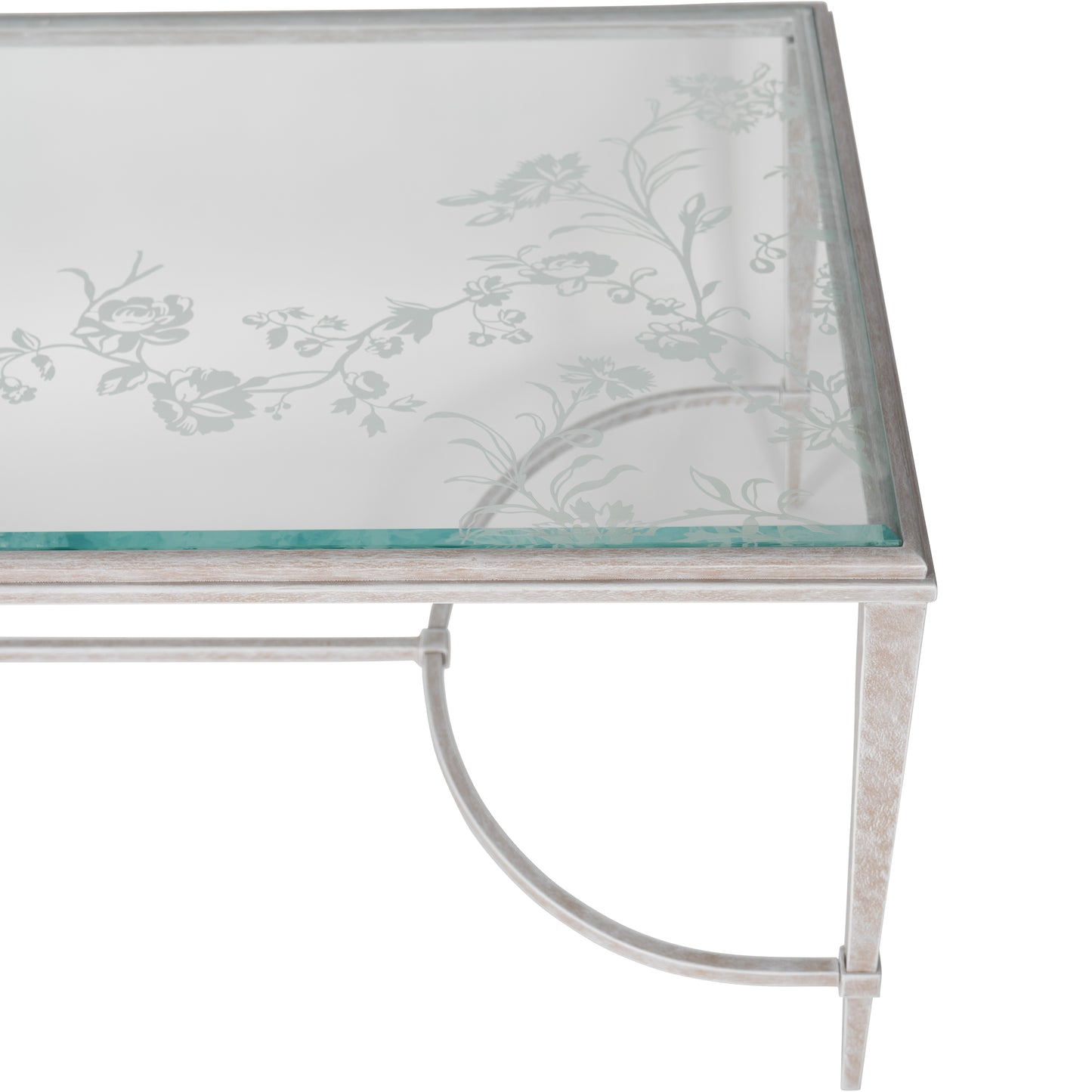 Aria Etched Glass Distressed White Iron Coffee Table