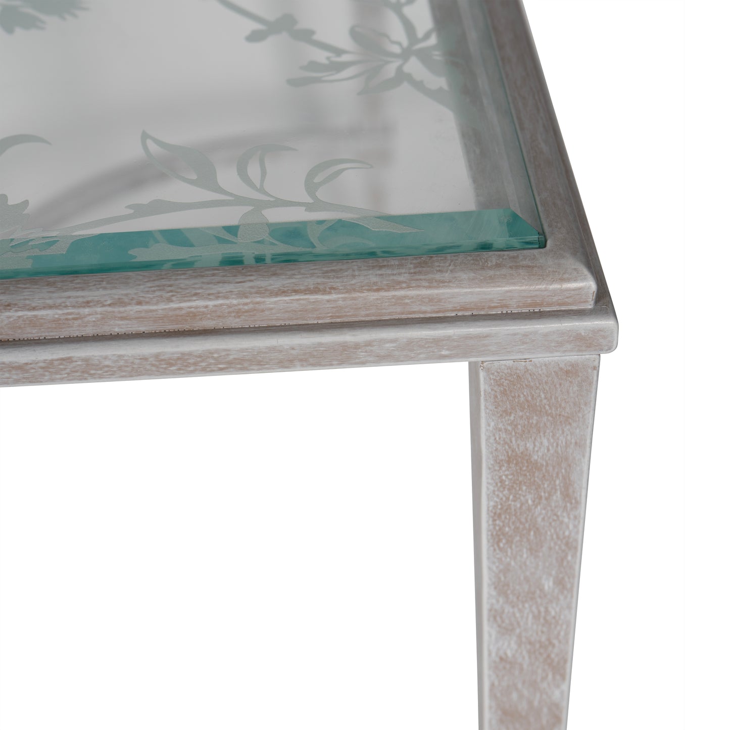 Aria Etched Glass Distressed White Iron Coffee Table