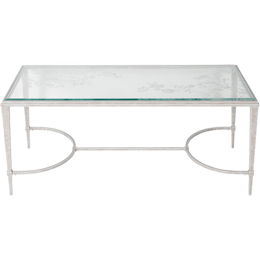 Aria Etched Glass Distressed White Iron Coffee Table