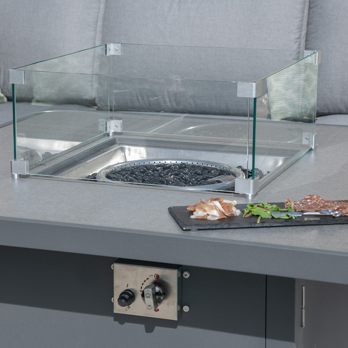 Maze - Amalfi Square Aluminium Corner Dining Set with Fire Pit Table & Footstools - Grey