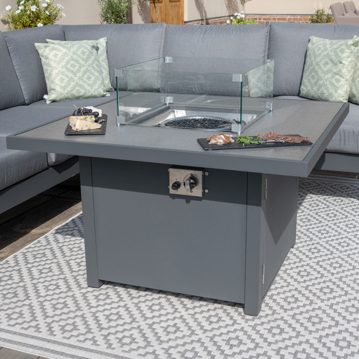 Maze - Amalfi Square Aluminium Corner Dining Set with Fire Pit Table & Footstools - Grey