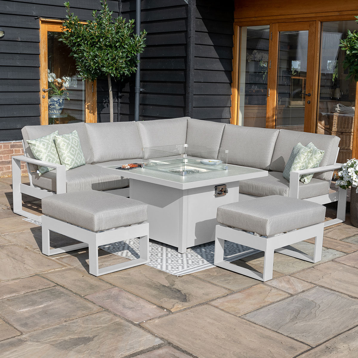 Maze - Amalfi Square Aluminium Corner Dining Set with Fire Pit Table & Footstools - White