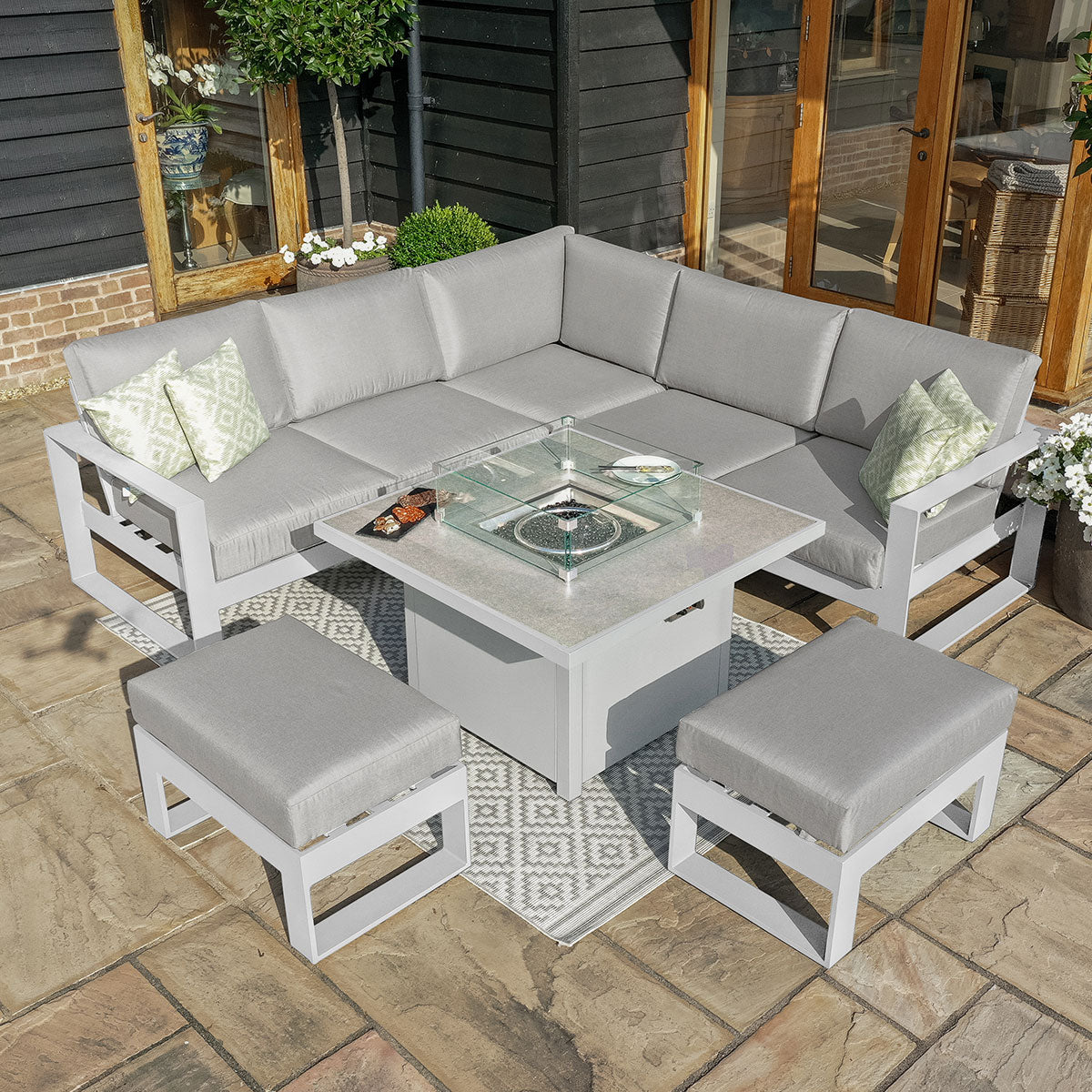 Maze - Amalfi Square Aluminium Corner Dining Set with Fire Pit Table & Footstools - White