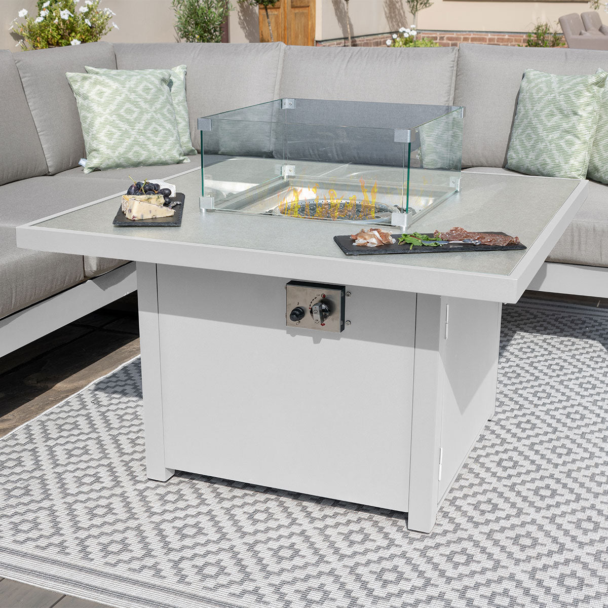 Maze - Amalfi Square Aluminium Corner Dining Set with Fire Pit Table & Footstools - White