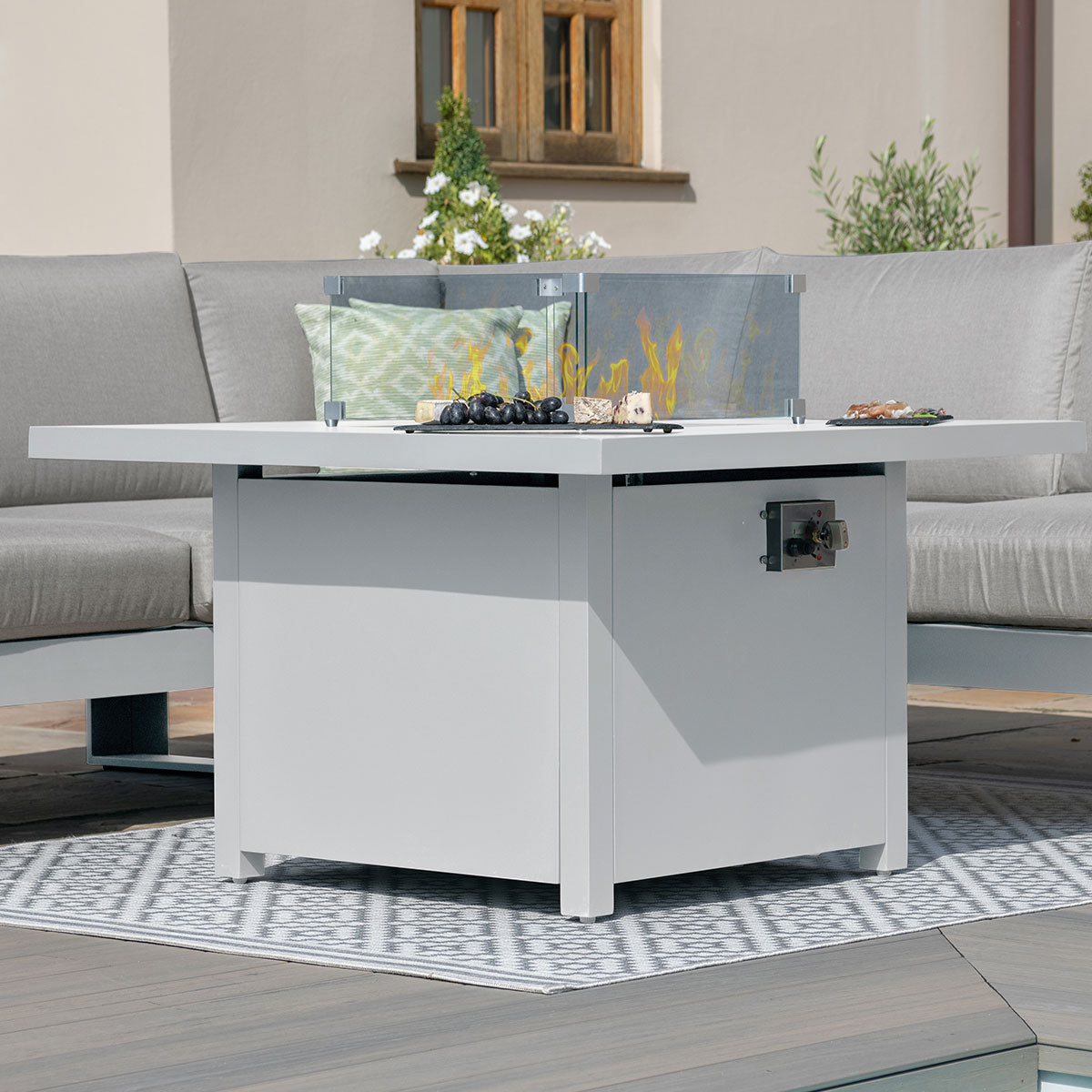 Maze - Amalfi Square Aluminium Corner Dining Set with Fire Pit Table & Footstools - White