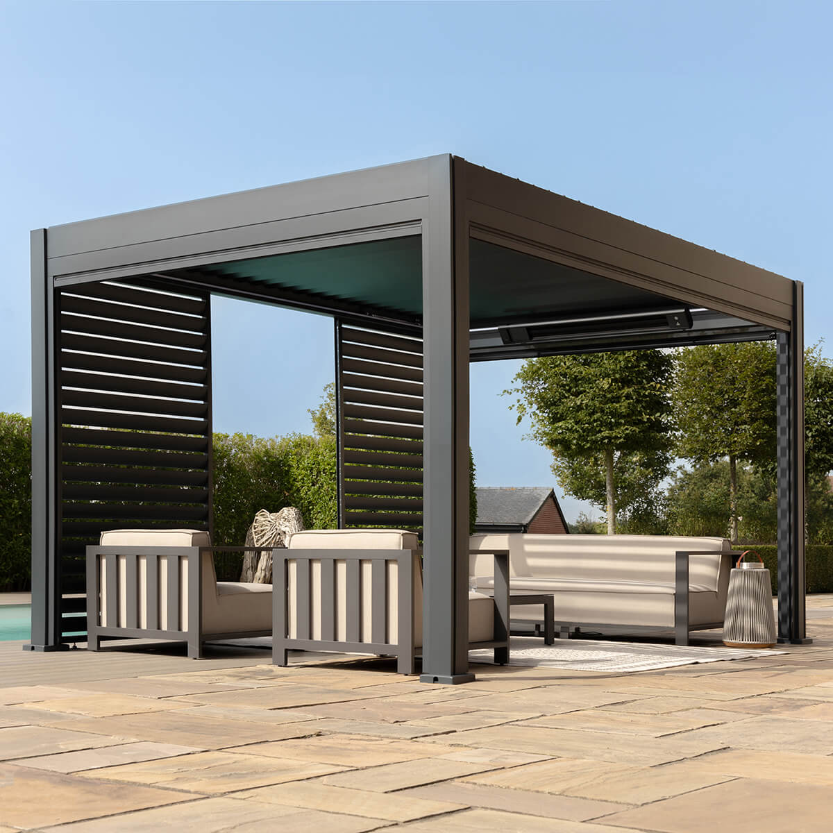 Maze - Eden Pergola Aluminium Rectangular 30x40 - Louvre Wall 4m - 3x Blinds - Grey