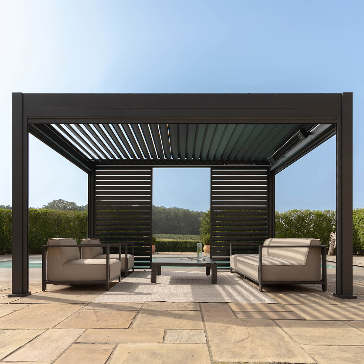 Maze - Eden Pergola Aluminium Rectangular 30x40 - Louvre Wall 4m - 3x Blinds - Grey