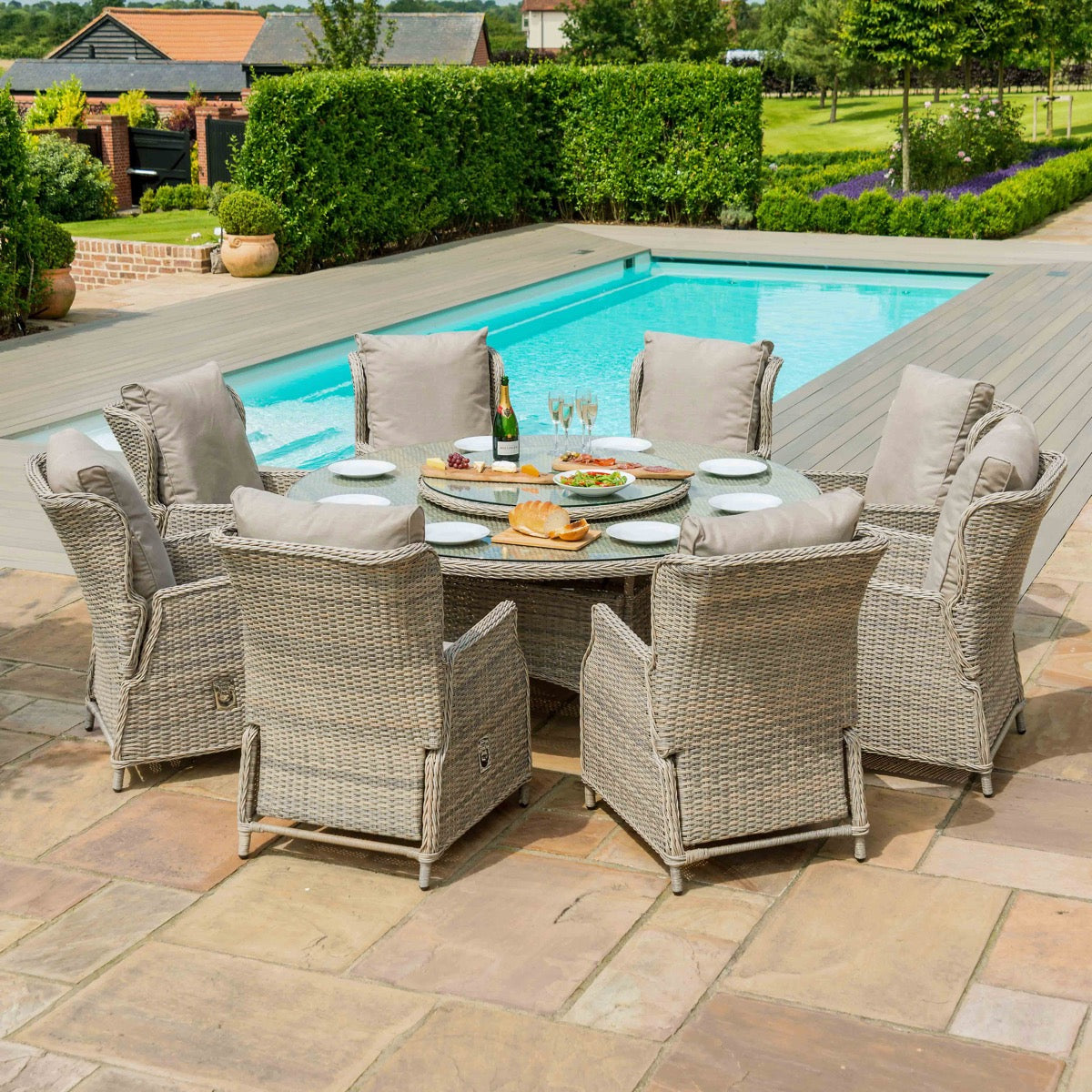 Maze - Cotswold Reclining 8 Seat Round Rattan Dining Set with Rattan Lazy Susan