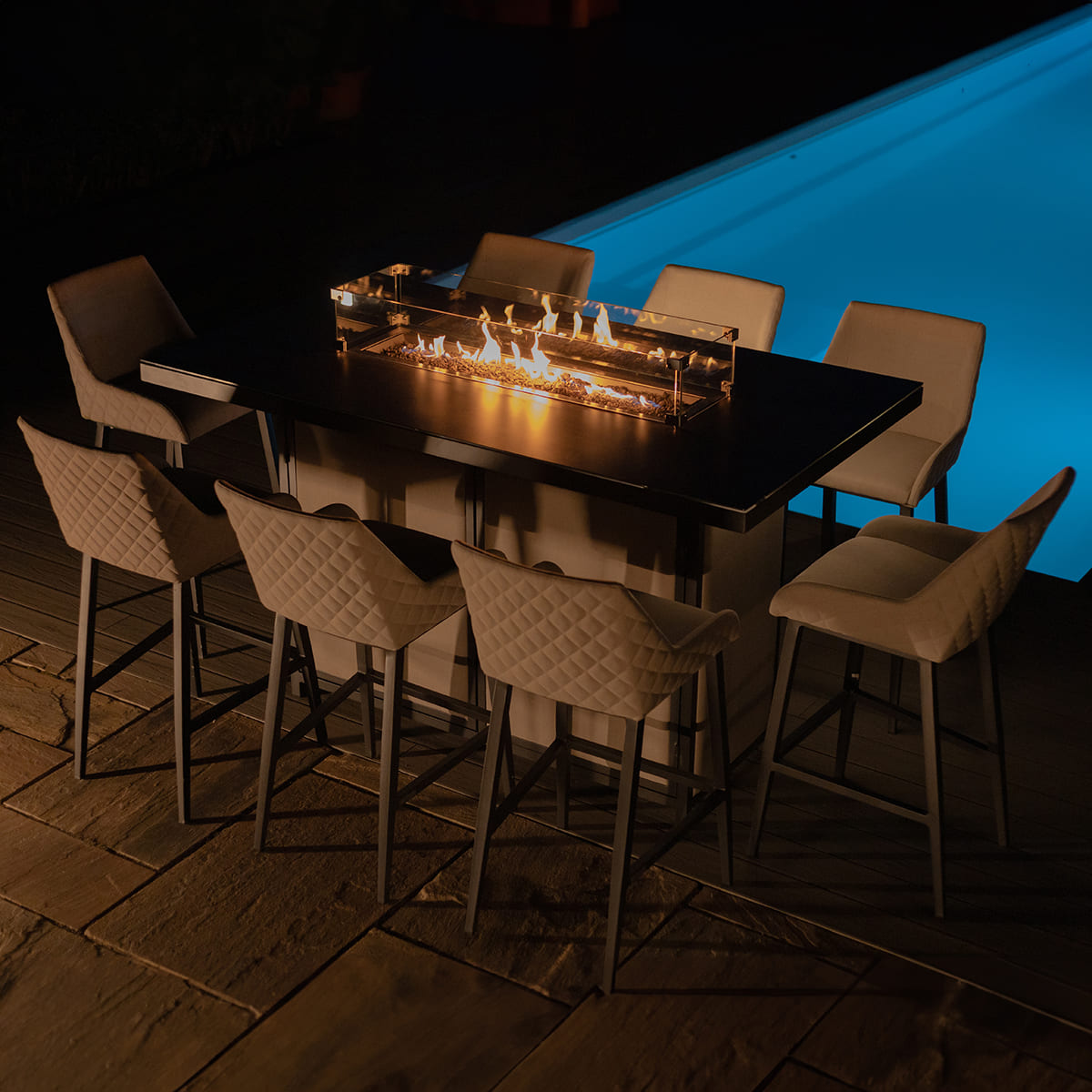 Maze - Outdoor Fabric Regal 8 Seat Rectangular Bar Set with Fire Pit Table - Oatmeal