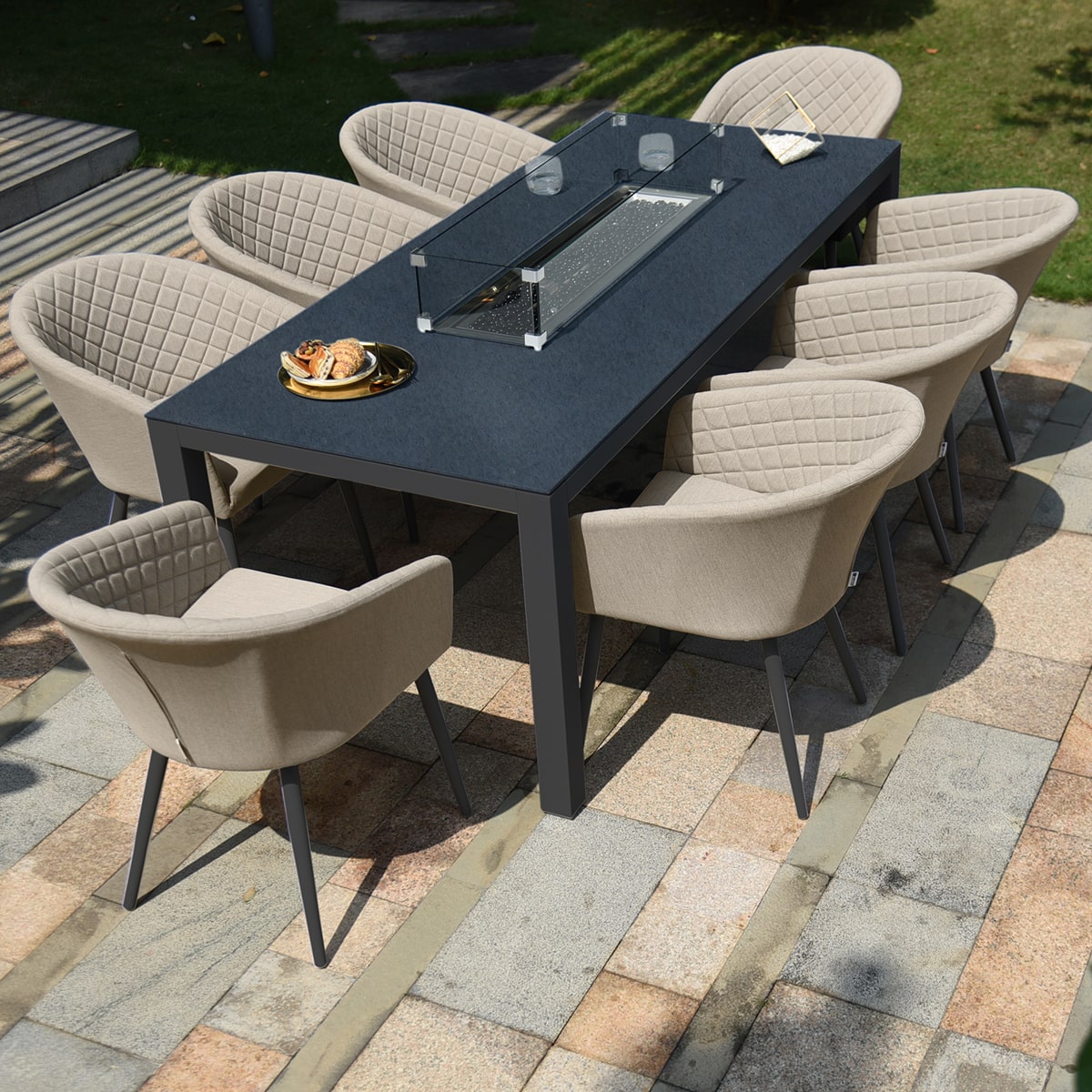 Maze - Outdoor Fabric Ambition 8 Seat Rectangular Dining Set with Fire Pit Table - Oatmeal