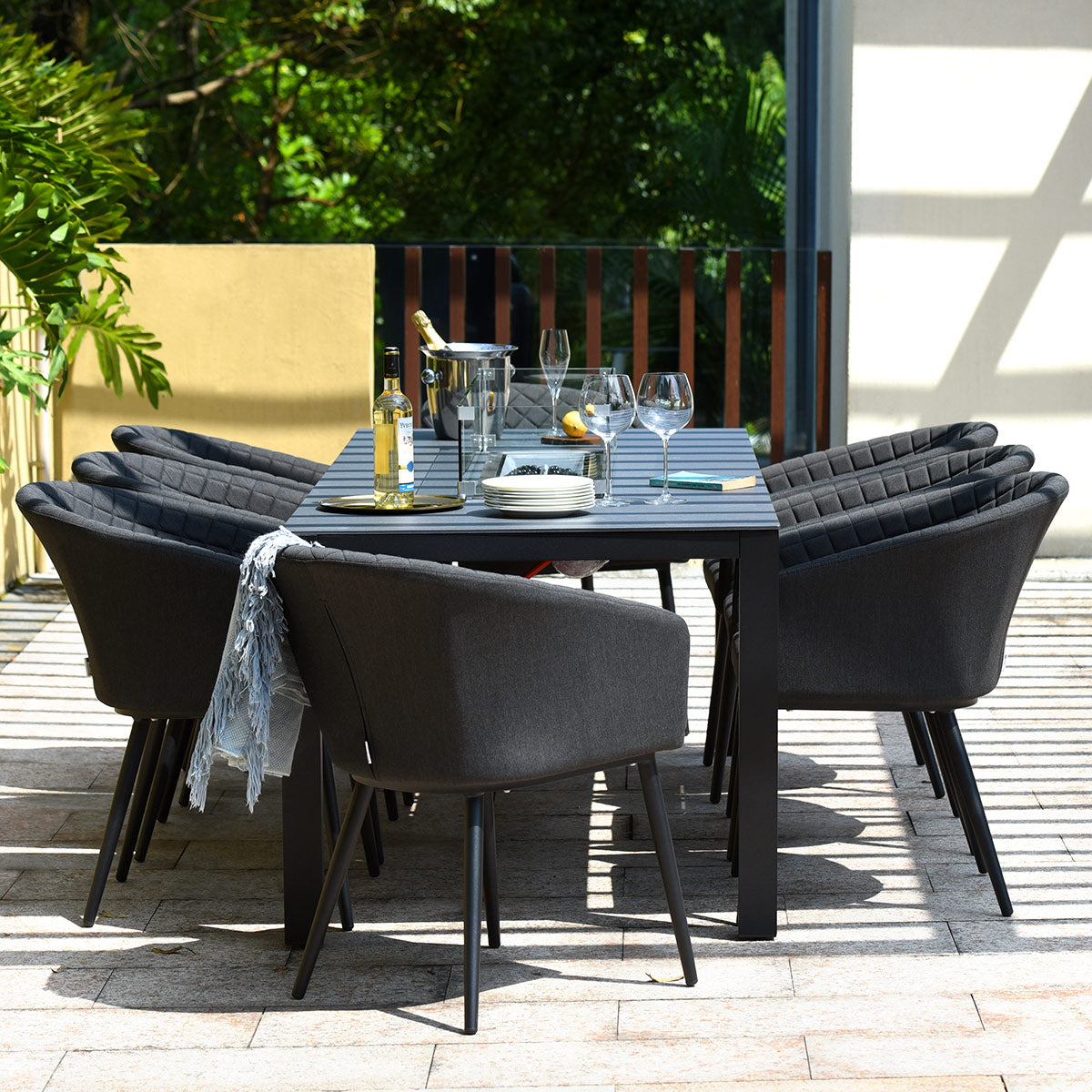 Maze - Outdoor Fabric Ambition 8 Seat Rectangular Dining Set with Fire Pit Table - Charcoal