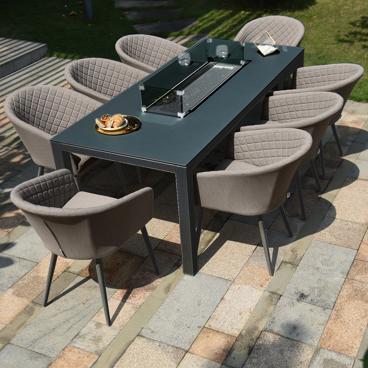 Maze - Outdoor Fabric Ambition 8 Seat Rectangular Dining Set with Fire Pit Table - Taupe