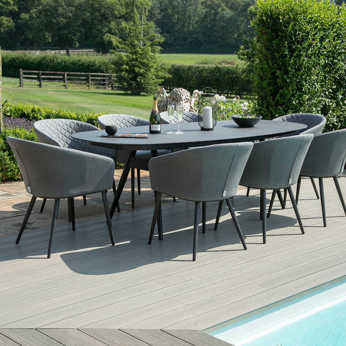 Maze - Outdoor Fabric Ambition 8 Seat Oval Dining Set - Flanelle