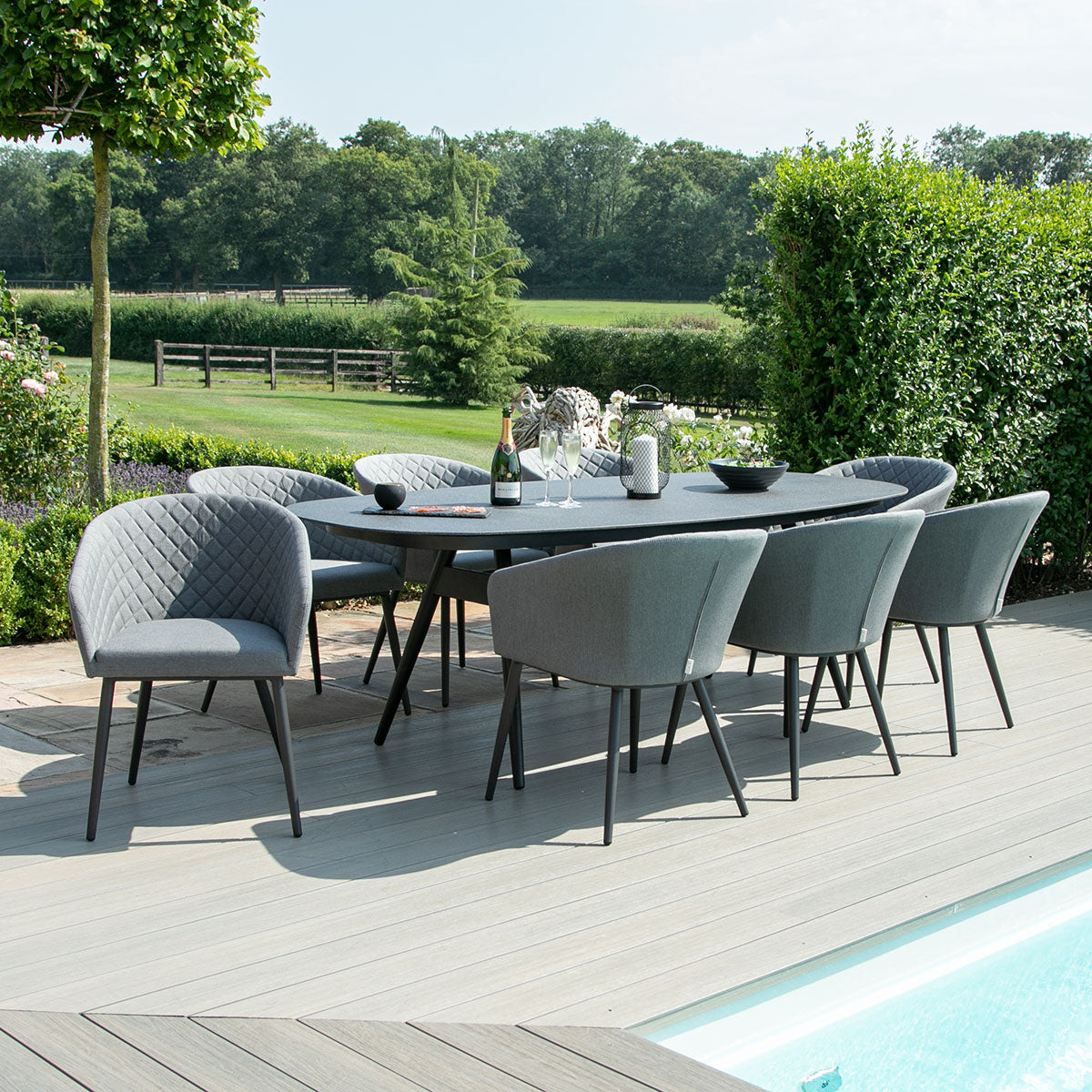 Maze - Outdoor Fabric Ambition 8 Seat Oval Dining Set - Flanelle