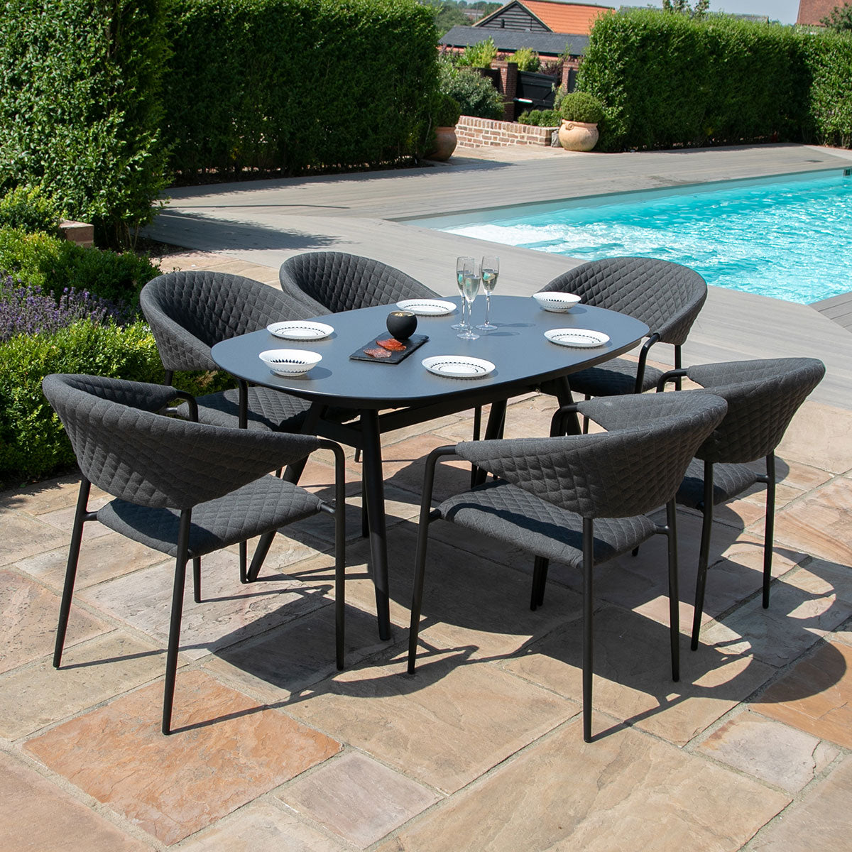 Maze - Outdoor Fabric Pebble 6 Seat Oval Dining Set - Charcoal