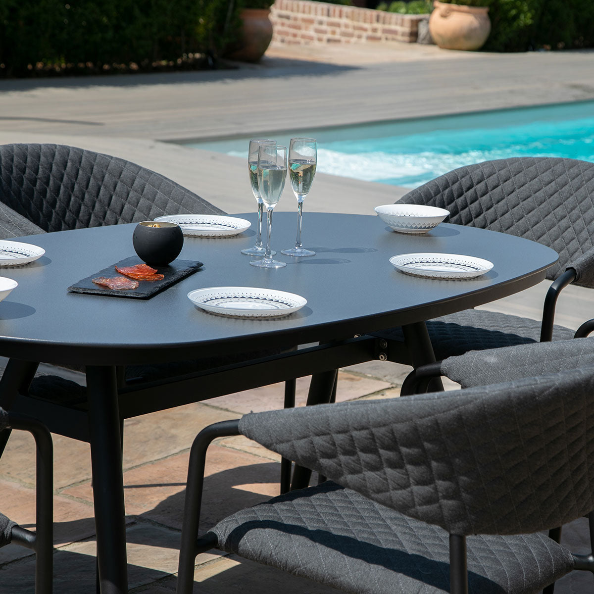 Maze - Outdoor Fabric Pebble 6 Seat Oval Dining Set - Charcoal