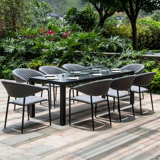 Maze - Outdoor Fabric Pebble 8 Seat Rectangular Dining Set with Fire Pit Table - Flanelle