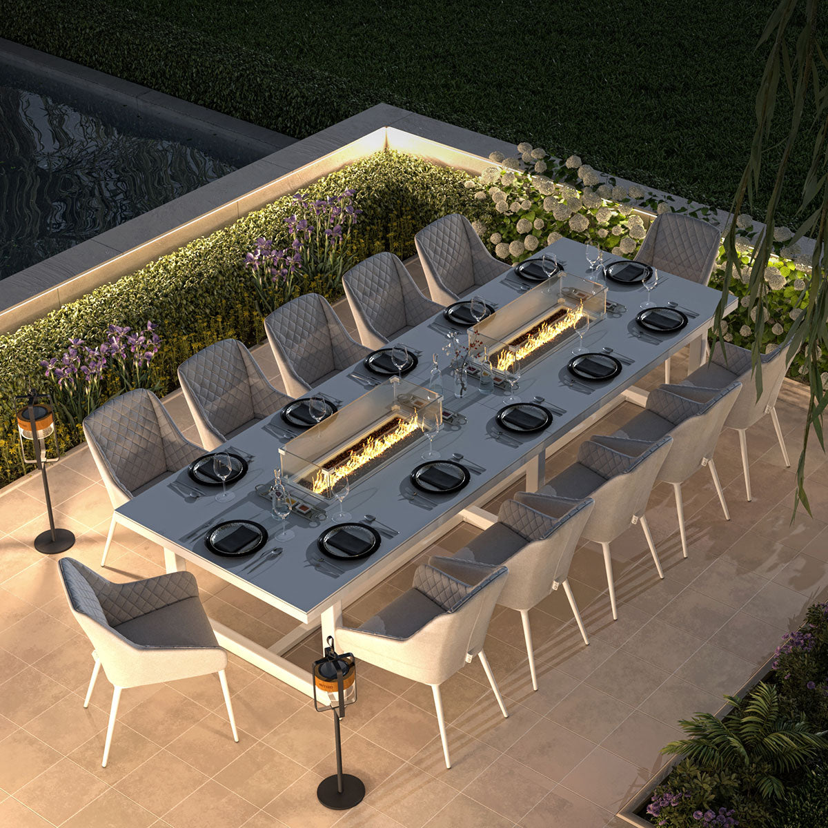 Maze - Outdoor Fabric Zest 12 Seat Rectangular Dining Set with Fire Pit Table - Lead Chine