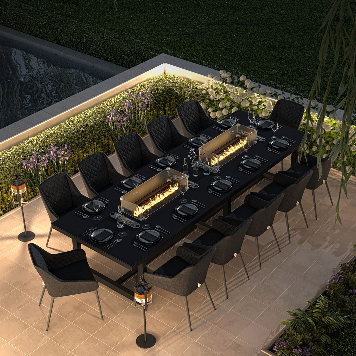 Maze - Outdoor Fabric Zest 12 Seat Rectangular Dining Set with Fire Pit Table - Charcoal