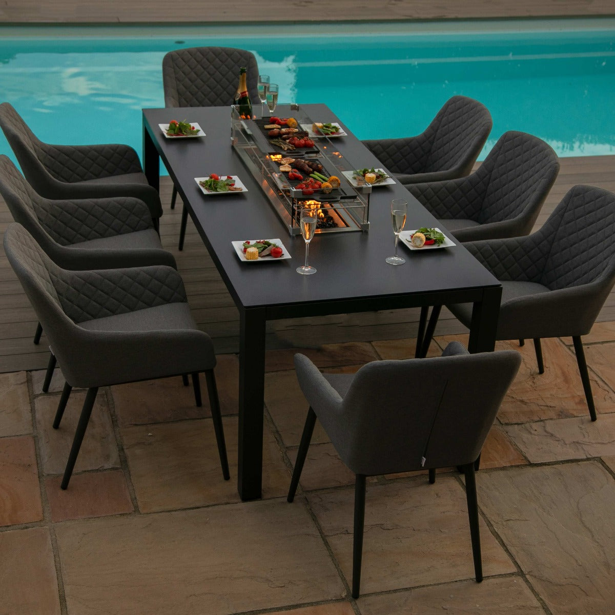Outdoor Fabric Zest 8 Seat Rectangular Dining Set with Fire Pit Table - Flanelle