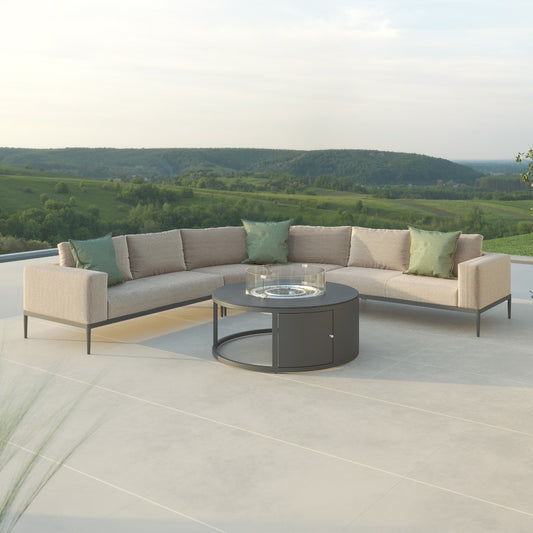 Maze - Outdoor Fabric Grande Corner Sofa Set with Round Fire Pit Coffee Table  - Oatmeal