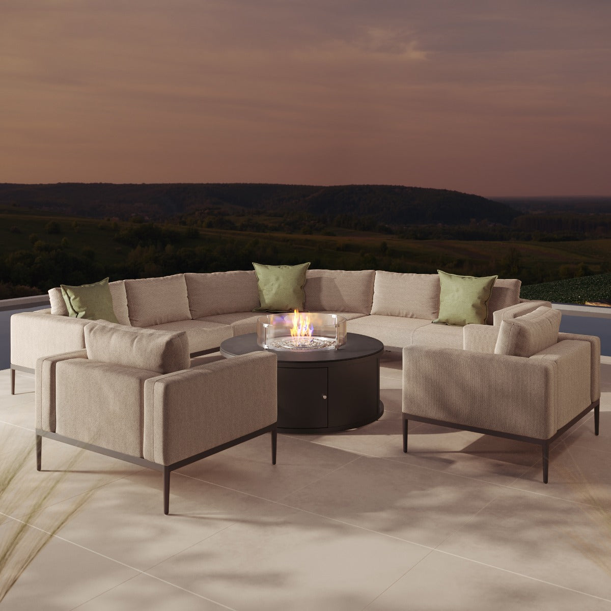 Maze - Outdoor Fabric Grande Corner Sofa Set with Round Fire Pit Coffee Table  - Oatmeal