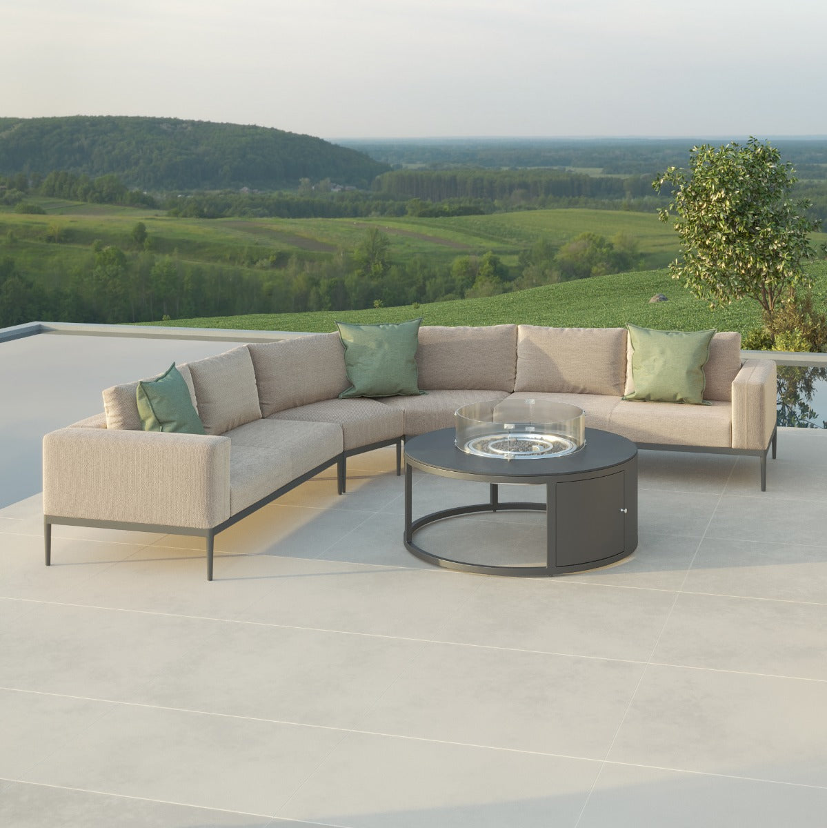 Maze - Outdoor Fabric Grande Corner Sofa Set with Round Fire Pit Coffee Table  - Oatmeal