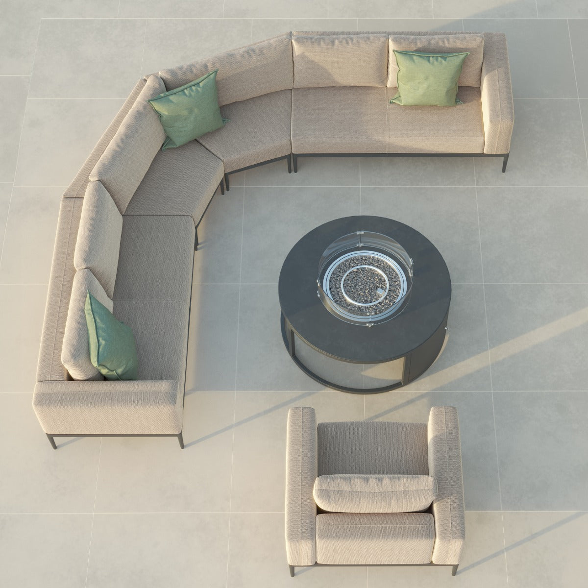 Maze - Outdoor Fabric Grande Corner Sofa Set with Round Fire Pit Coffee Table  - Oatmeal