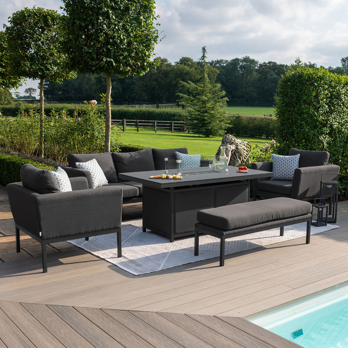 Maze - Outdoor Fabric Pulse 3 Seat Sofa Set with Fire Pit Table - Charcoal