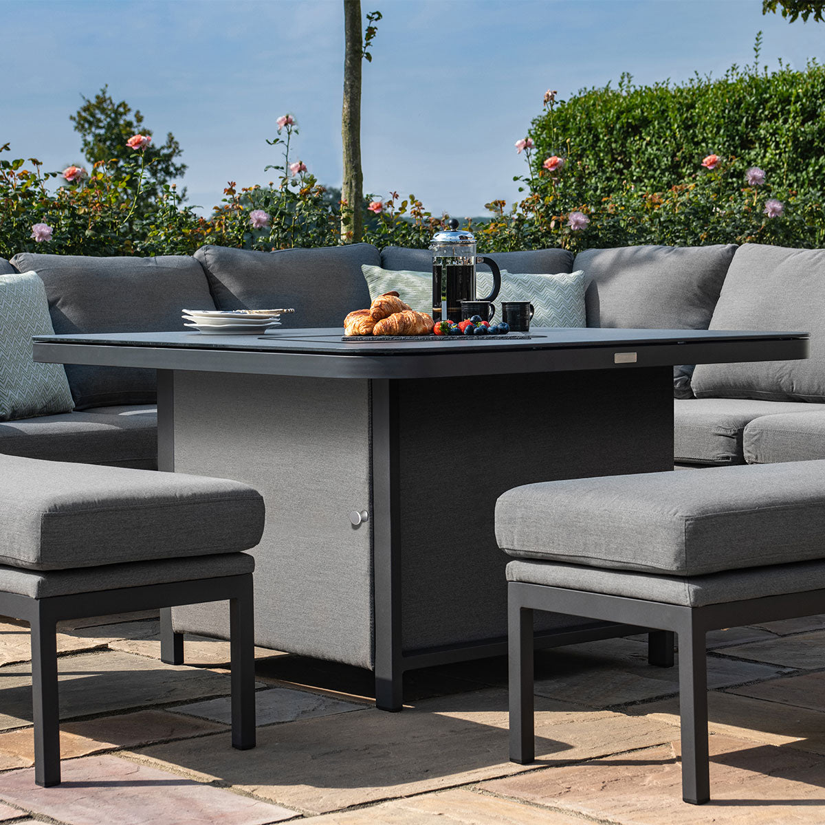 Maze - Outdoor Fabric Pulse Deluxe Square Corner Dining Set with Firepit Table - Flanelle