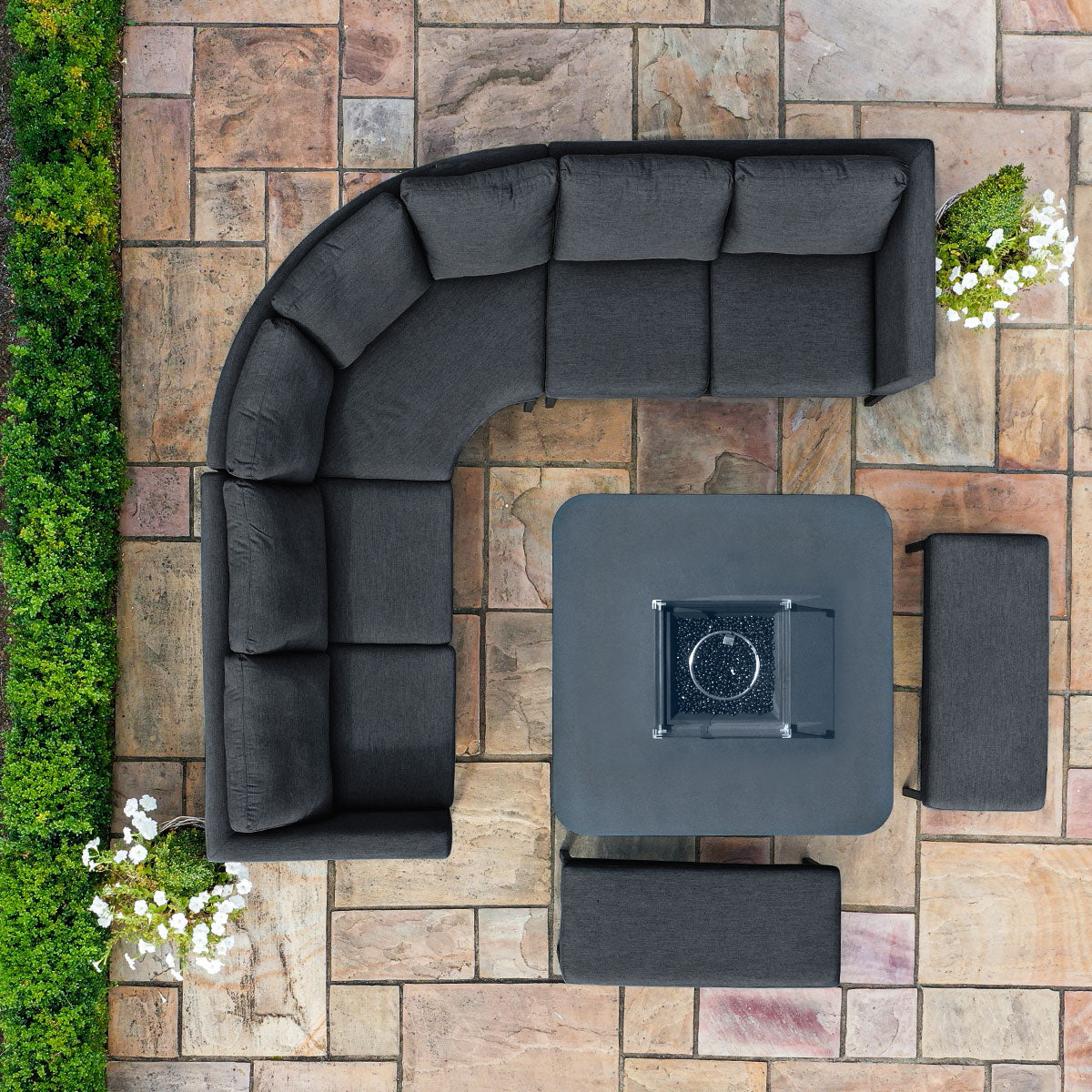 Maze - Outdoor Fabric Pulse Deluxe Square Corner Dining Set with Firepit Table - Charcoal