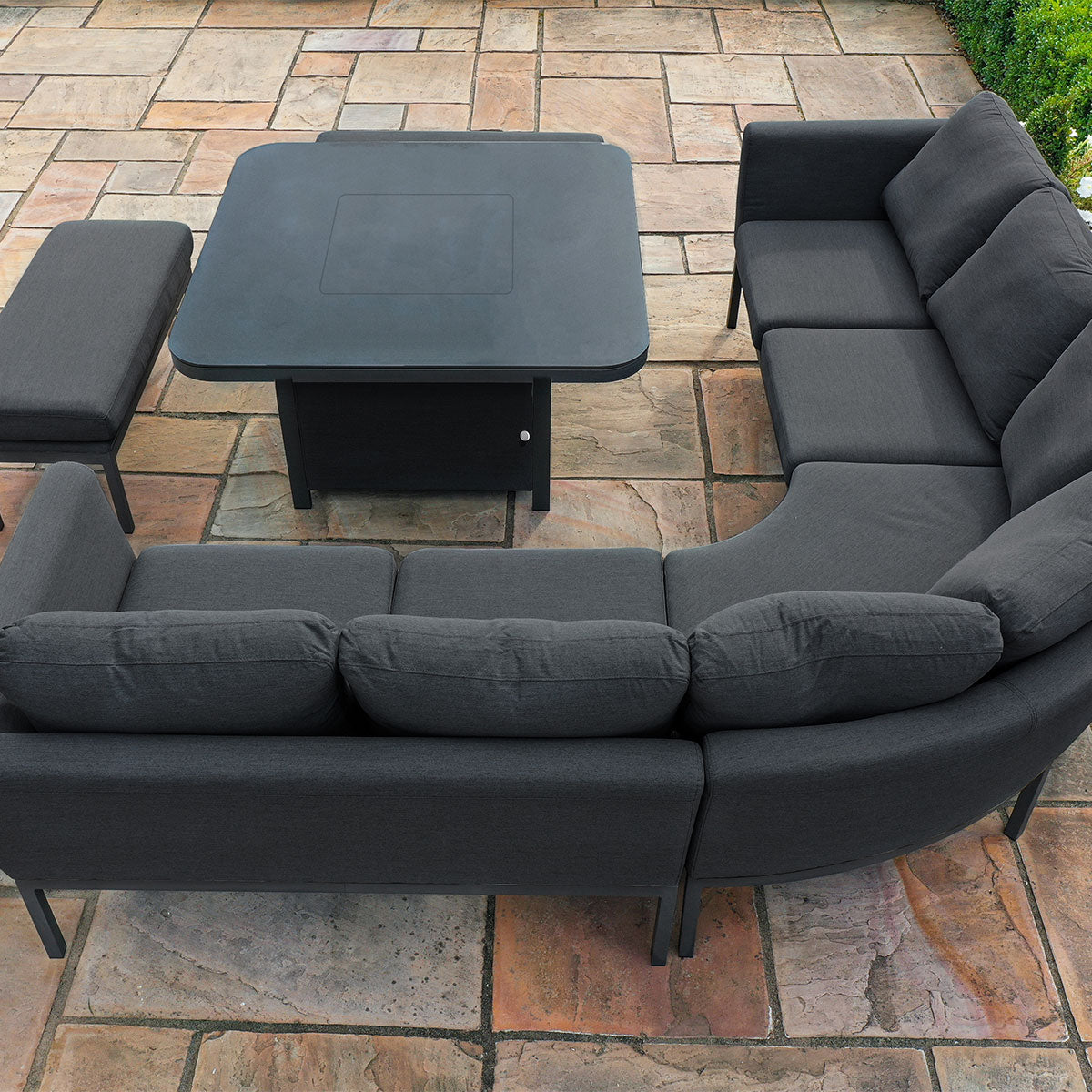 Maze - Outdoor Fabric Pulse Deluxe Square Corner Dining Set with Firepit Table - Charcoal