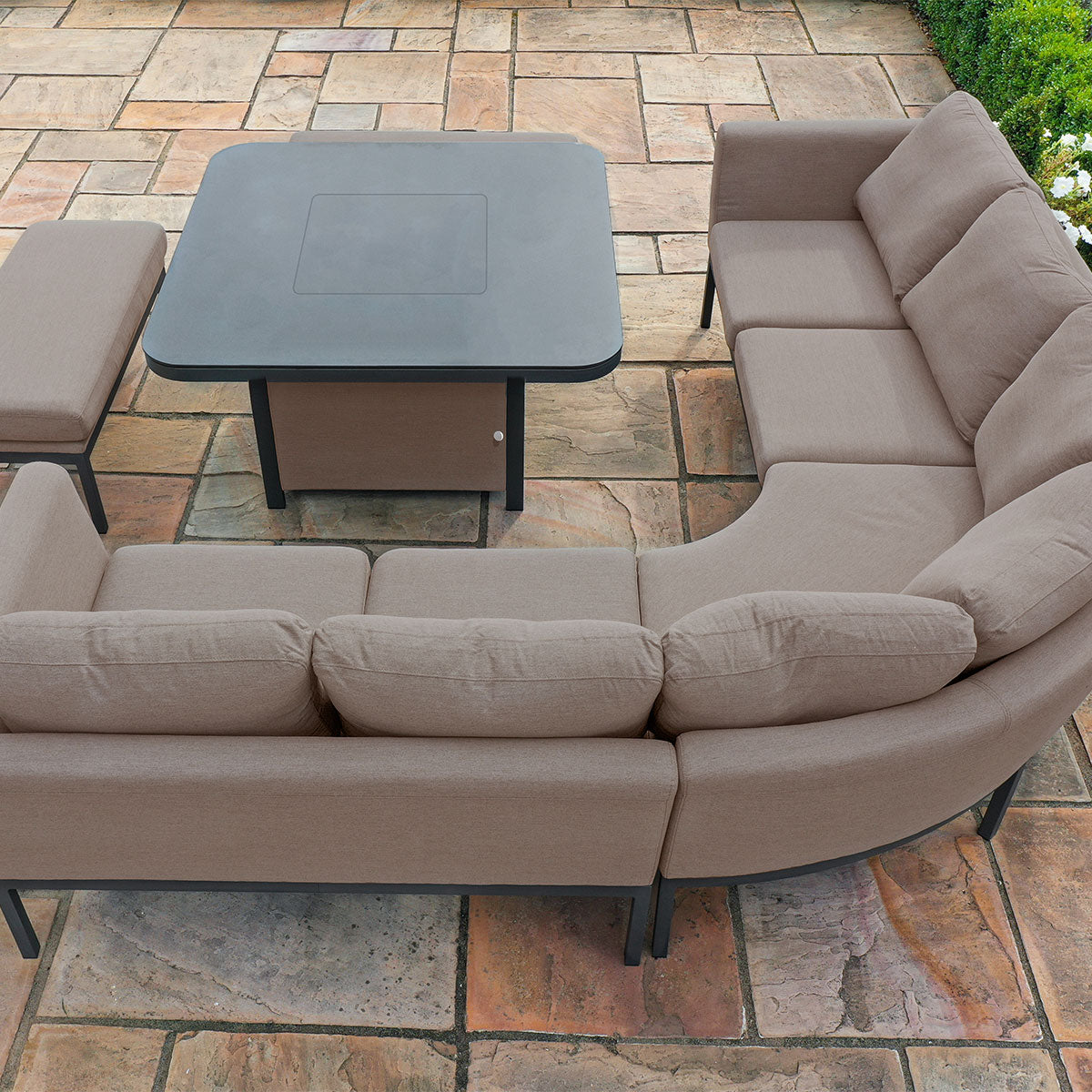 Maze - Outdoor Fabric Pulse Deluxe Square Corner Dining Set with Firepit Table - Taupe