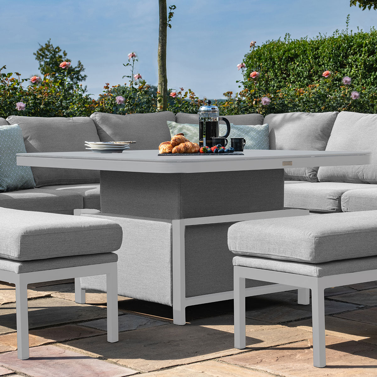 Maze - Outdoor Fabric Pulse Deluxe Square Corner Dining Set with Rising Table - Lead Chine