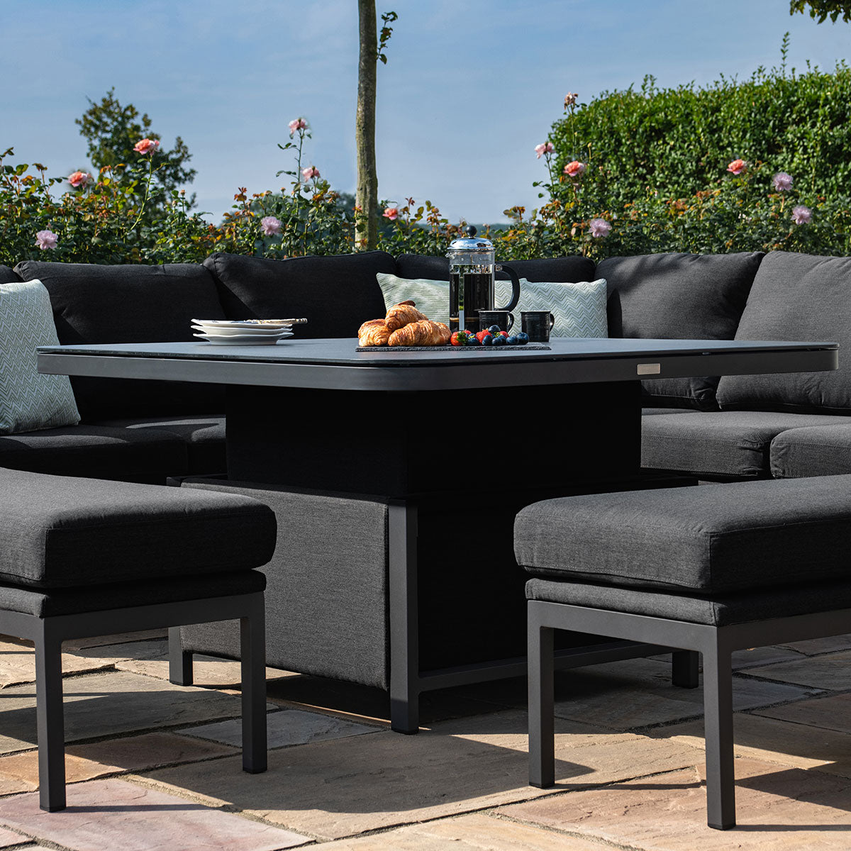 Maze - Outdoor Fabric Pulse Deluxe Square Corner Dining Set with Rising Table - Charcoal