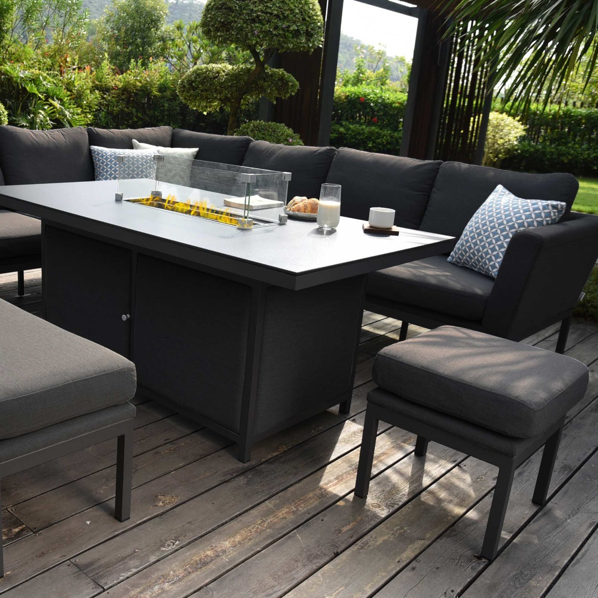 Maze - Outdoor Fabric Pulse Rectangular Corner Dining Set with Fire Pit Table - Charcoal