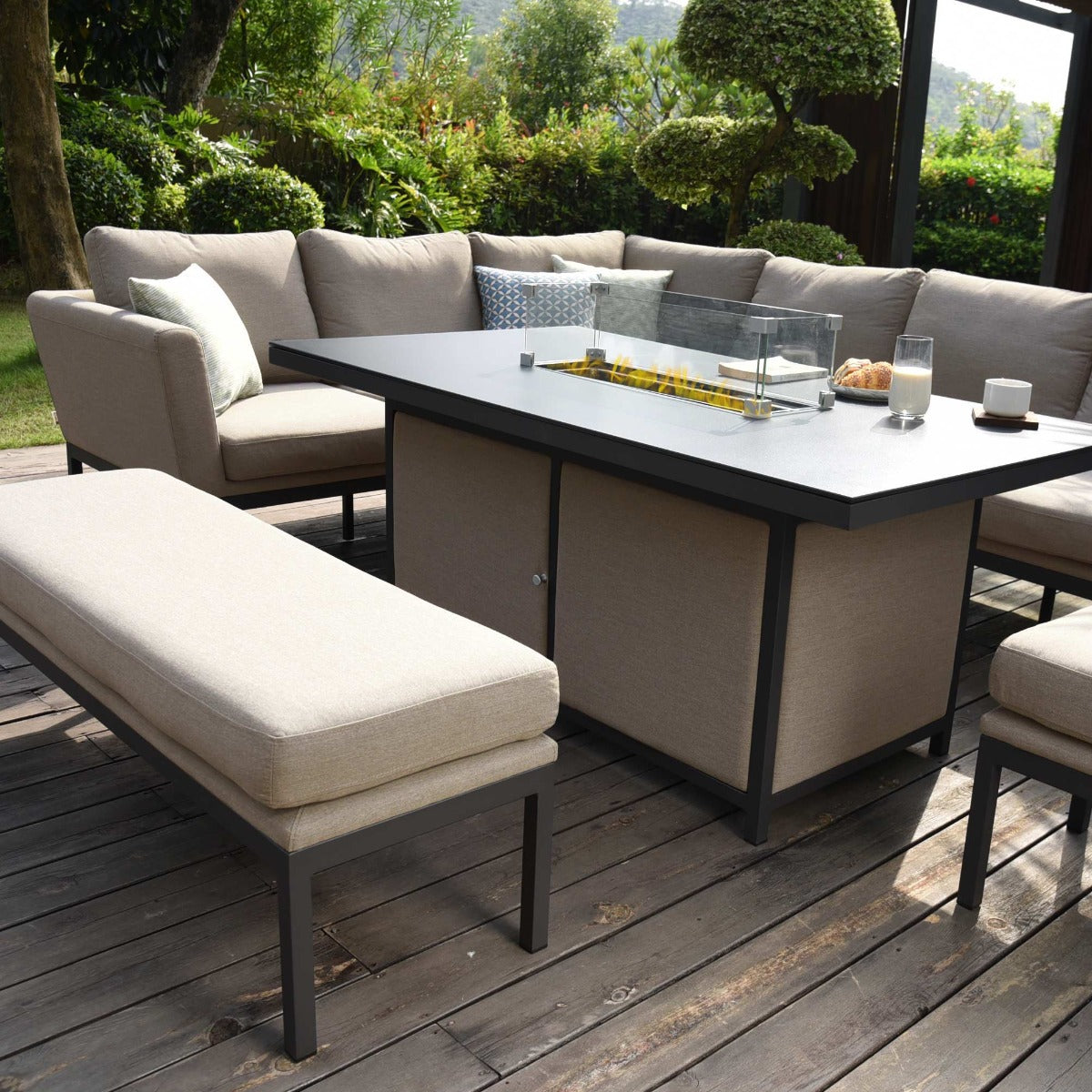 Maze - Outdoor Fabric Pulse Rectangular Corner Dining Set with Fire Pit Table - Taupe