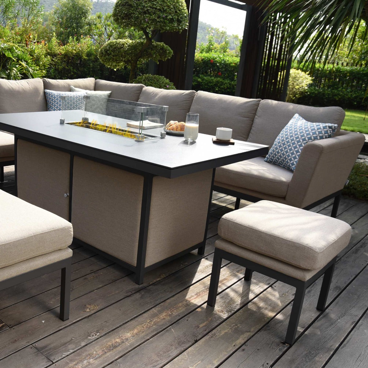 Maze - Outdoor Fabric Pulse Rectangular Corner Dining Set with Fire Pit Table - Taupe
