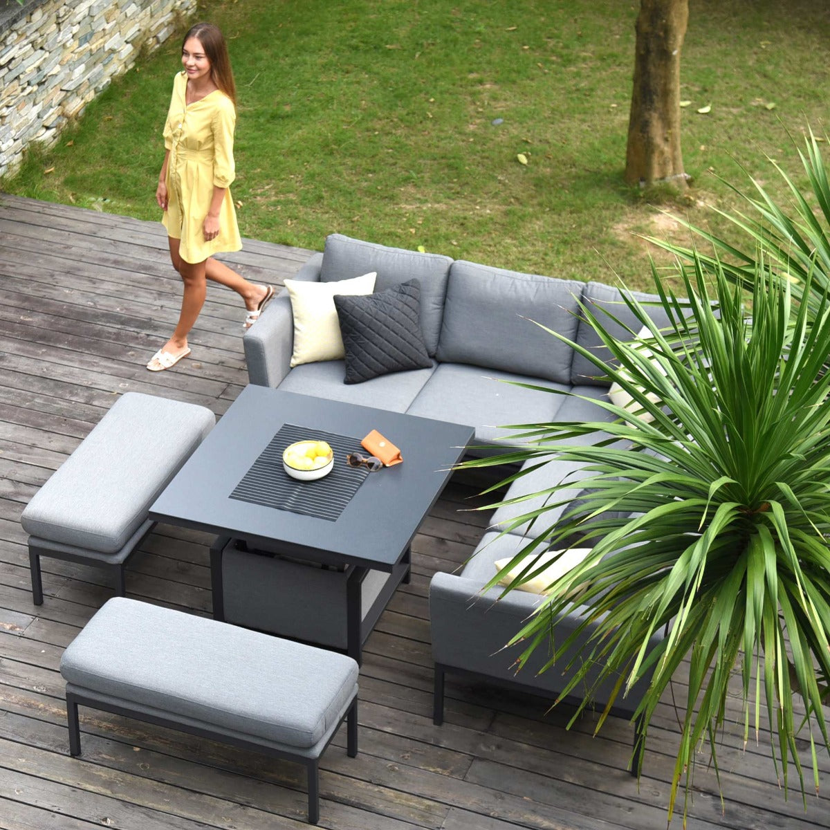 Maze - Outdoor Fabric Pulse Square Corner Dining Set with Rising Table - Flanelle