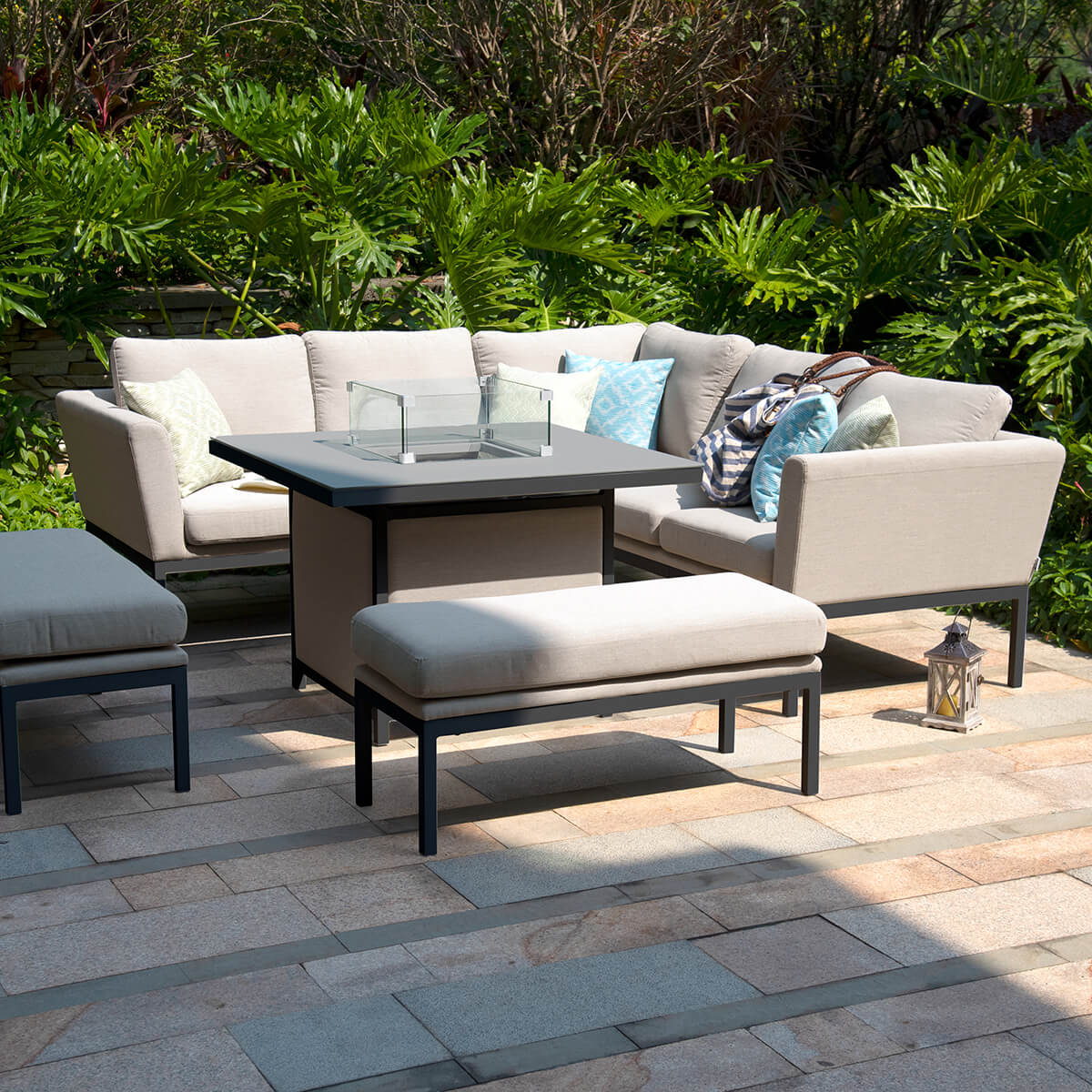 Maze - Outdoor Fabric Pulse Square Corner Dining Set with Fire Pit Table - Oatmeal