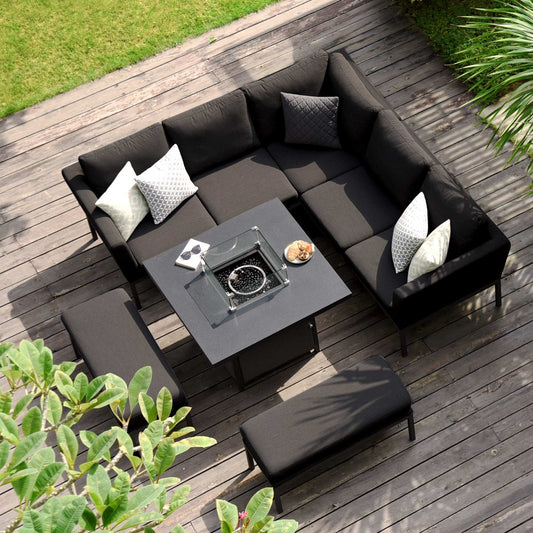 Maze - Outdoor Fabric Pulse Square Corner Dining Set with Fire Pit Table - Charcoal