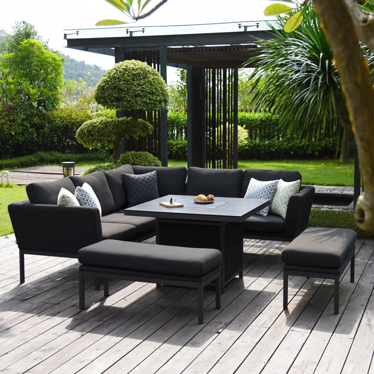 Maze - Outdoor Fabric Pulse Square Corner Dining Set with Fire Pit Table - Charcoal