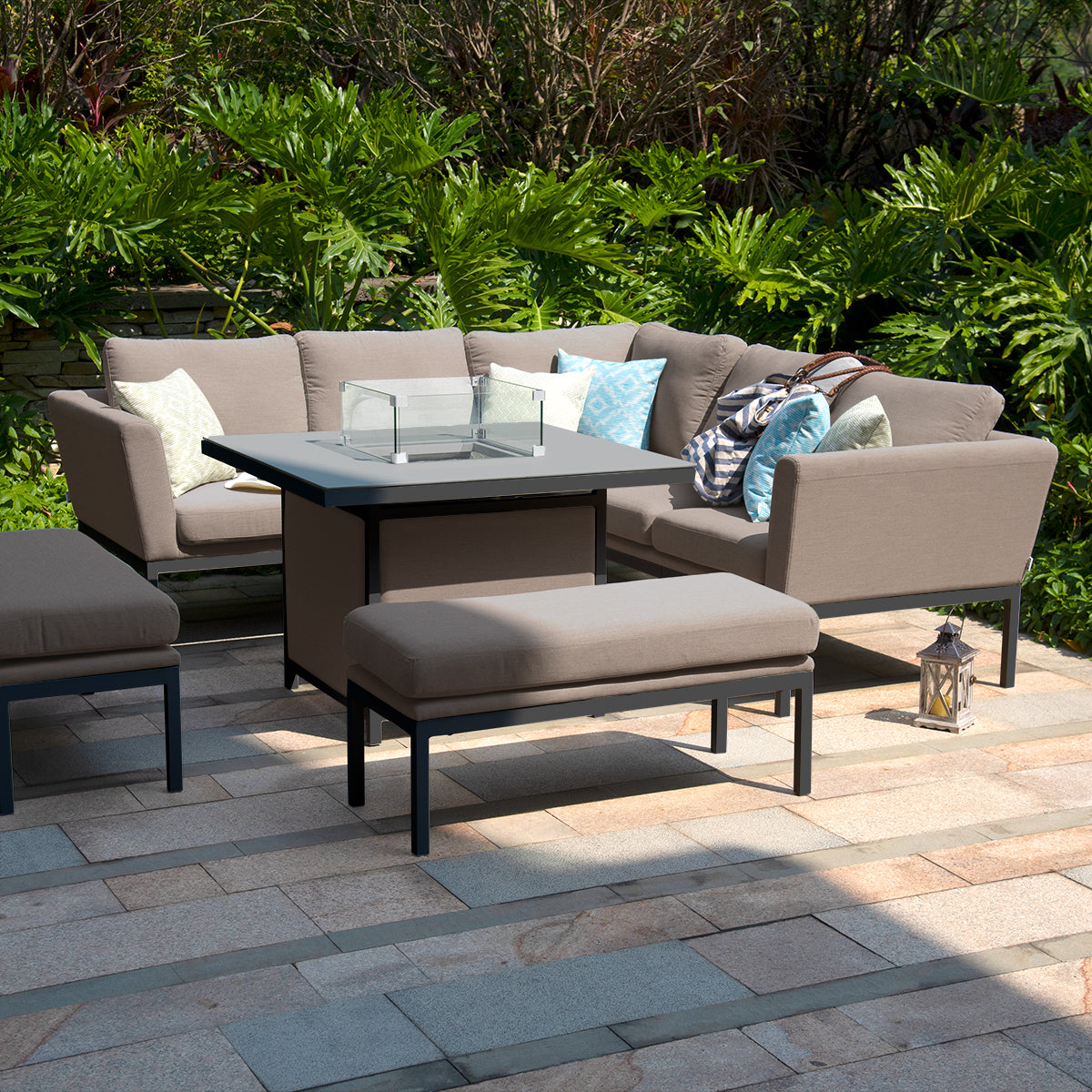 Maze - Outdoor Fabric Pulse Square Corner Dining Set with Fire Pit Table - Taupe