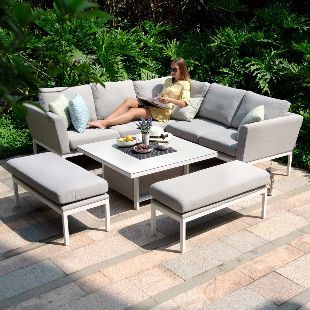 Maze - Outdoor Fabric Pulse Square Corner Dining Set with Rising Table - Lead Chine