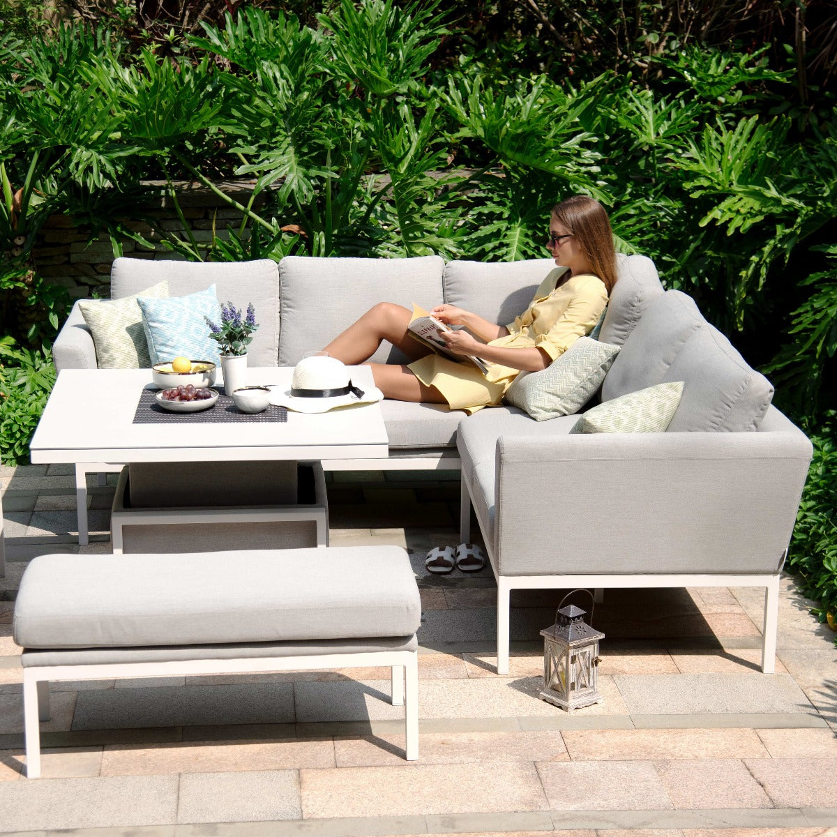 Maze - Outdoor Fabric Pulse Square Corner Dining Set with Rising Table - Lead Chine