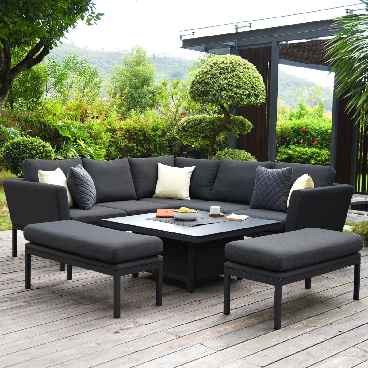 Maze - Outdoor Fabric Pulse Square Corner Dining Set with Rising Table - Charcoal