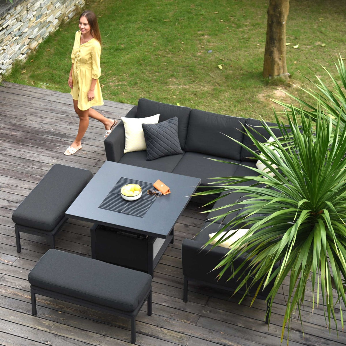 Maze - Outdoor Fabric Pulse Square Corner Dining Set with Rising Table - Charcoal